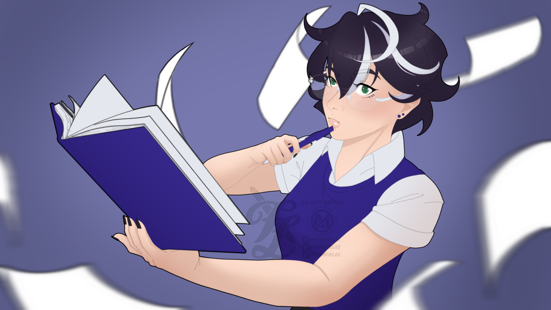 Digital art of Frankie Lee. He is holding up a blue book with pages flying out, their other hand poking a pen at their chin as if in thought. He looks aside, pondering.